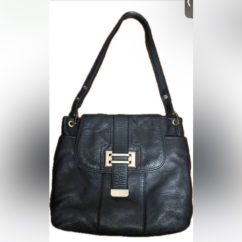 Liz Claiborne New York Genuine Leather Black & Gold Flap Shoulder Bag Purse